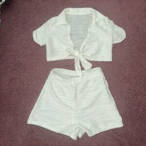 White Tie-Front Crop Top and Shorts Set